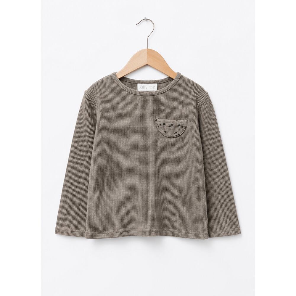 Zara Girls Army Green Waffle Knit Long Sleeve Tee - Floral Pocket 3-4Y